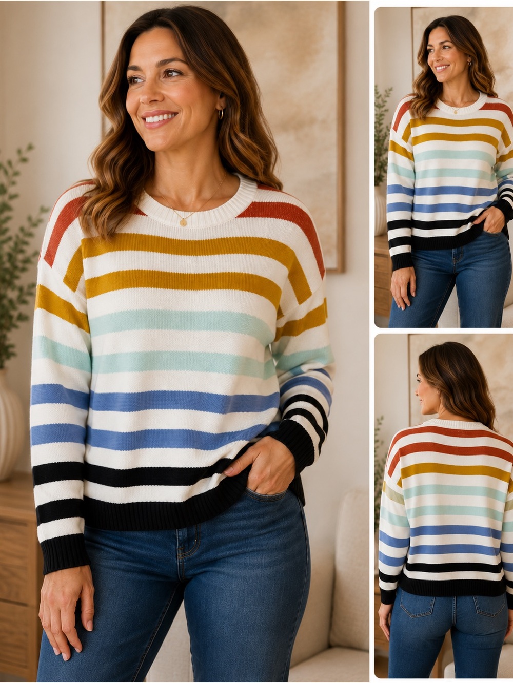 ZESICA Striped Knit Sweater Large Multicolor Crew Neck Pullover‎